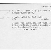 Index card with typed and handwritten information, sometimes including a sketch, of pottery from an excavation.