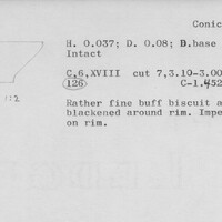 Index card with typed and handwritten information, sometimes including a sketch, of pottery from an excavation.