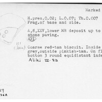 Index card with typed and handwritten information, sometimes including a sketch, of pottery from an excavation.