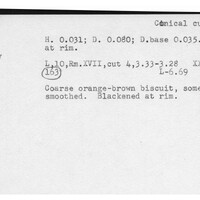 Index card with typed and handwritten information, sometimes including a sketch, of pottery from an excavation.