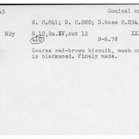 Index card with typed and handwritten information, sometimes including a sketch, of pottery from an excavation.