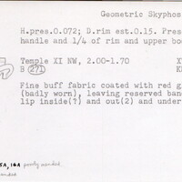 Index card with typed and handwritten information, sometimes including a sketch, of pottery from an excavation.