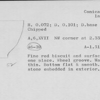 Index card with typed and handwritten information, sometimes including a sketch, of pottery from an excavation.