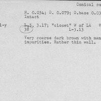 Index card with typed and handwritten information, sometimes including a sketch, of pottery from an excavation.
