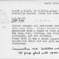 Index card with typed and handwritten information, sometimes including a sketch, of pottery from an excavation.