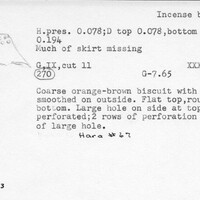Index card with typed and handwritten information, sometimes including a sketch, of pottery from an excavation.
