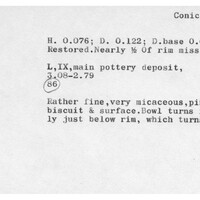 Index card with typed and handwritten information, sometimes including a sketch, of pottery from an excavation.