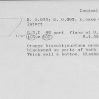 Index card with typed and handwritten information, sometimes including a sketch, of pottery from an excavation.