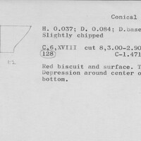 Index card with typed and handwritten information, sometimes including a sketch, of pottery from an excavation.