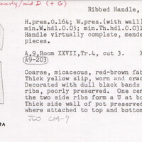 Index card with typed and handwritten information, sometimes including a sketch, of pottery from an excavation.