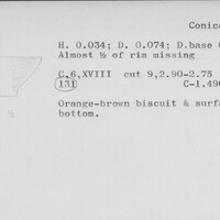 Index card with typed and handwritten information, sometimes including a sketch, of pottery from an excavation.
