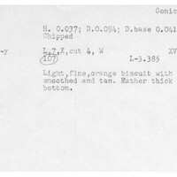 Index card with typed and handwritten information, sometimes including a sketch, of pottery from an excavation.