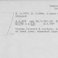 Index card with typed and handwritten information, sometimes including a sketch, of pottery from an excavation.