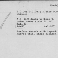 Index card with typed and handwritten information, sometimes including a sketch, of pottery from an excavation.