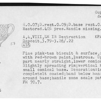 Index card with typed and handwritten information, sometimes including a sketch, of pottery from an excavation.