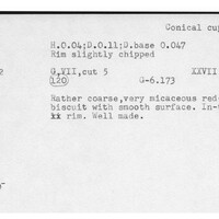 Index card with typed and handwritten information, sometimes including a sketch, of pottery from an excavation.