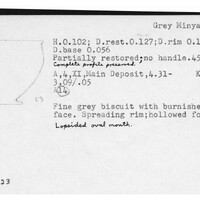 Index card with typed and handwritten information, sometimes including a sketch, of pottery from an excavation.