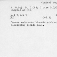 Index card with typed and handwritten information, sometimes including a sketch, of pottery from an excavation.