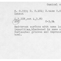 Index card with typed and handwritten information, sometimes including a sketch, of pottery from an excavation.