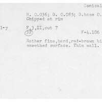 Index card with typed and handwritten information, sometimes including a sketch, of pottery from an excavation.