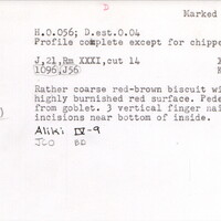 Index card with typed and handwritten information, sometimes including a sketch, of pottery from an excavation.