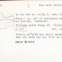 Index card with typed and handwritten information, sometimes including a sketch, of pottery from an excavation.