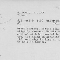 Index card with typed and handwritten information, sometimes including a sketch, of pottery from an excavation.