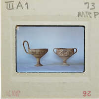 Two ancient Greek handled cups on display in profile.