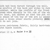 Index card with typed and handwritten information, sometimes including a sketch, of pottery from an excavation.