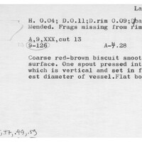 Index card with typed and handwritten information, sometimes including a sketch, of pottery from an excavation.