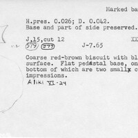 Index card with typed and handwritten information, sometimes including a sketch, of pottery from an excavation.