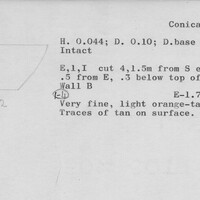 Index card with typed and handwritten information, sometimes including a sketch, of pottery from an excavation.