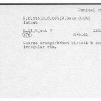 Index card with typed and handwritten information, sometimes including a sketch, of pottery from an excavation.