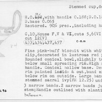 Index card with typed and handwritten information, sometimes including a sketch, of pottery from an excavation.