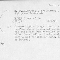 Index card with typed and handwritten information, sometimes including a sketch, of pottery from an excavation.