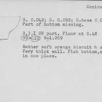 Index card with typed and handwritten information, sometimes including a sketch, of pottery from an excavation.