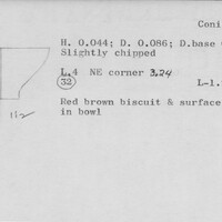 Index card with typed and handwritten information, sometimes including a sketch, of pottery from an excavation.