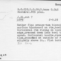Index card with typed and handwritten information, sometimes including a sketch, of pottery from an excavation.