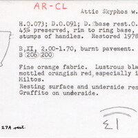 Index card with typed and handwritten information, sometimes including a sketch, of pottery from an excavation.