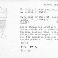 Index card with typed and handwritten information, sometimes including a sketch, of pottery from an excavation.