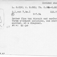 Index card with typed and handwritten information, sometimes including a sketch, of pottery from an excavation.