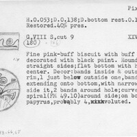 Index card with typed and handwritten information, sometimes including a sketch, of pottery from an excavation.