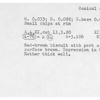 Index card with typed and handwritten information, sometimes including a sketch, of pottery from an excavation.