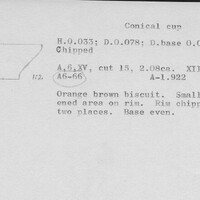 Index card with typed and handwritten information, sometimes including a sketch, of pottery from an excavation.
