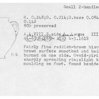 Index card with typed and handwritten information, sometimes including a sketch, of pottery from an excavation.