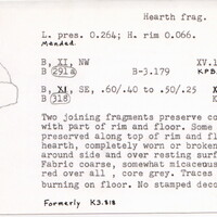 Index card with typed and handwritten information, sometimes including a sketch, of pottery from an excavation.