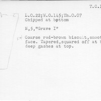 Index card with typed and handwritten information, sometimes including a sketch, of pottery from an excavation.