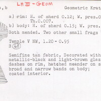 Index card with typed and handwritten information, sometimes including a sketch, of pottery from an excavation.