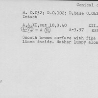 Index card with typed and handwritten information, sometimes including a sketch, of pottery from an excavation.