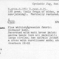 Index card with typed and handwritten information, sometimes including a sketch, of pottery from an excavation.
